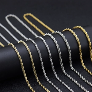 Detail of 3mm stainless steel rope chains in gold and silver finish with twisted texture