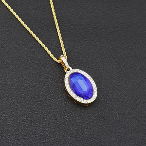 Pendentif saphir bleu ovale hip hop avec chaîne corde plaquée or et halo de zircons