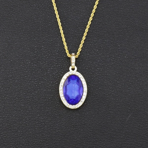 Collier Pendentif Hip Hop Alliage Plaqué Or Incrusté de Strass Pierre Gemme Bleue Chaîne Torsadée Bijoux de Mode Unisexe Cadeau