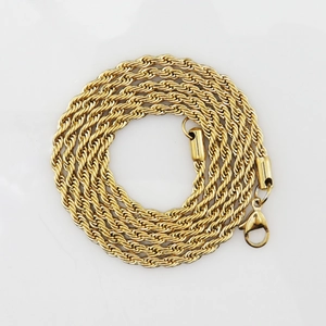 Close-up of 3mm golden stainless steel rope chain showing high-gloss texture and lobster clasp