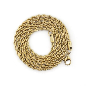 3mm golden stainless steel rope chain necklace with a secure lobster clasp and twisted link