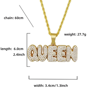 Λεπτομέρειες για το μενταγιόν QUEEN hip hop με κρύσταλλα και στριφτή αλυσίδα 60 εκατοστών