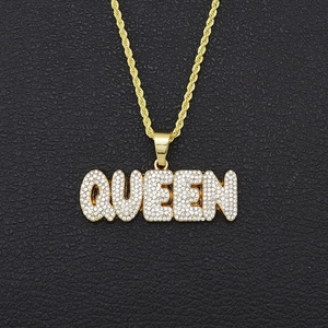 Επιχρυσωμένο Κολιέ από Κράμα Hip Hop με Μενταγιόν QUEEN με Στρας για Γυναίκες Άνδρες Υπερβολική Αλυσίδα Σχοινί Κοσμήματα