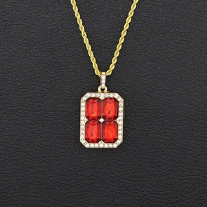 Collier Pendentif Pierre Rouge Carré Hip Hop pour Hommes Femmes Bijoux de Mode en Alliage Plaqué Or Strass Chaîne Torsadée