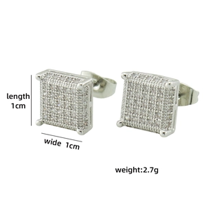 Macro detail of square iced out stud earrings with size 1cm and weight 2.7g