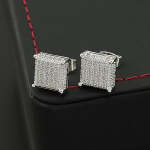 Hip hop style silver square micro-pave zircon stud earrings for men on leather box