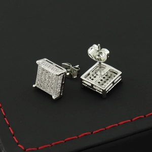 Icy square micro-pave zircon stud earrings for men in silver finish and hip hop style