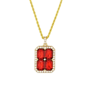 Collier hip hop doré avec pendentif rubis carré serti de strass brillants pour unisexe