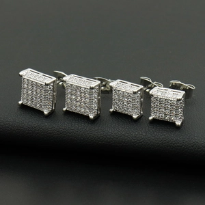 Square hip-hop stud earrings with micro-pave cubic zirconia crystals in silver finish