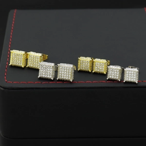 Detailed close-up of square hip-hop stud earrings with micro-pave cubic zirconia crystals