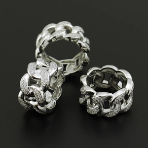 Men Hip Hop Iced Out Cuban Link Ring Copper Zirconia Pave Wide Band Silver Color Fashion Jewelry For Party Streetwear