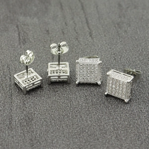 Square hip hop stud earrings with micro paved cubic zirconia in silver-tone metal