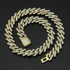 Chaîne cubaine hip hop 14mm plaquée or sertie de zircones cubiques micro-pavées