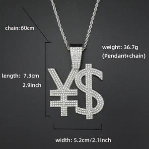 Détails du pendentif hip hop dollar et yen avec dimensions de la chaîne et du bijou