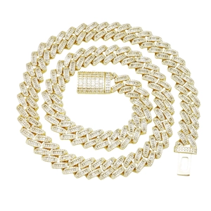 Chaîne cubaine hip hop 13mm plaqué or avec zircons cubiques de taille baguette