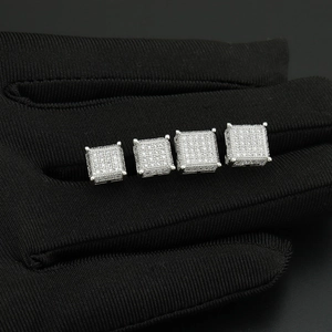 Square hip hop stud earrings in silver with white pavé cubic zirconia for men