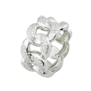 Iced out 13mm Cuban link ring in silver finish with pavé cubic zirconia for men