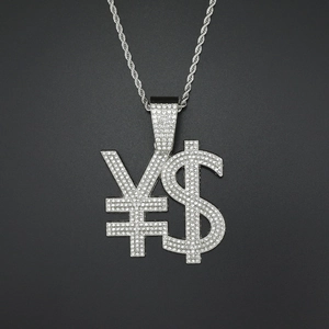 Chaîne corde argentée hip-hop avec pendentif dollar et yen serti de cristaux