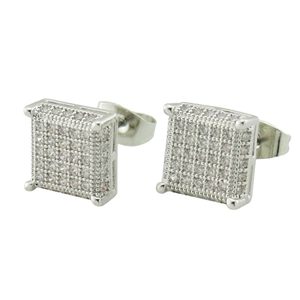 Hip hop square pave set zircon stud earrings in white gold plating for men and women