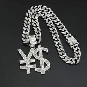 Chaîne cubaine hip-hop avec pendentifs dollar et yen sertis de strass brillants