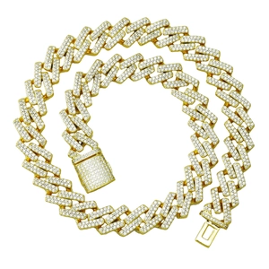 Chaîne cubaine de style hip hop 14mm plaqué or sertie de zircones étincelants