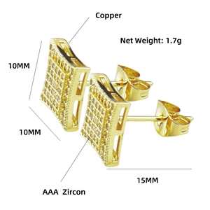 Detail showing 10mm square copper stud earrings with AAA cubic zirconia and gold plating