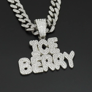 Collier Pendentif Lettre Ice Berry Iced Out Bijoux Hip Hop Alliage Strass Chaîne Maillons Cubains Pour Hommes Femmes Or Argent