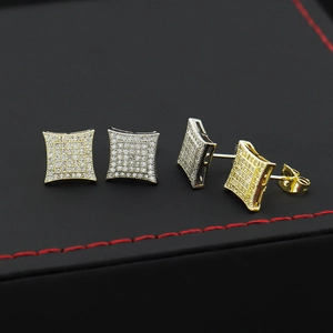 Hip-hop square stud earrings with micro-paved cubic zirconia in gold and silver