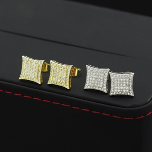 Hip hop square stud earrings with pave-set zircons in gold and silver plating