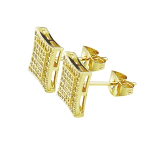 Hip hop style gold plated square stud earrings with pave set zircon crystals