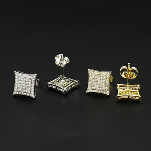 Square micro-paved zircon stud earrings in silver and gold plating with standard pin back