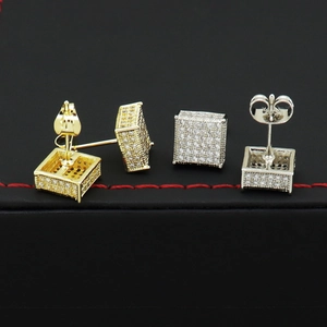 Square hip hop stud earrings with micro-paved zircons in gold and silver plating