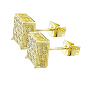 Hip hop style gold square stud earrings with pave set white cubic zirconia crystals