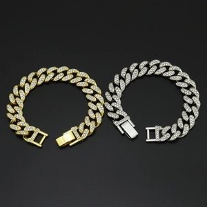 Detail of 12mm hip hop Cuban link chain with square buckle and full crystal pavé