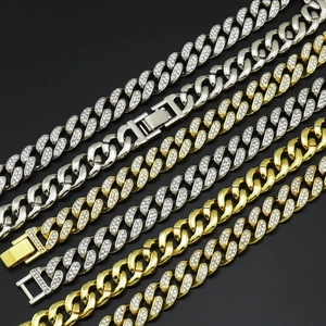 Hip hop cuban link chain set in gold and silver with sparkling rhinestones for men