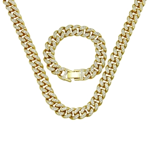 Hip hop vintage 12mm golden iced out cuban link chain necklace and bracelet set