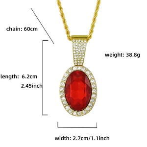 Close-up of hip hop pendant with oval red gemstone and iced out crystal details