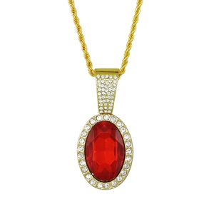 Hip hop style gold plated necklace with large oval red gemstone and iced-out zircon frame