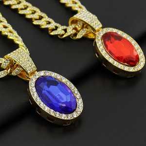 Hip hop style gold Cuban chain with iced out oval red and blue stone pendants