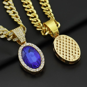 Hip hop gold Cuban chain necklace set with large oval blue gemstone pendants