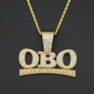 Hip hop gold OBO pendant necklace with iced out crystals and thick rope chain