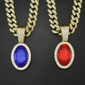 Hip Hop Oval Gemstone Pendant Necklace Alloy Gold Plated Inlaid Rhinestone Cuban Rope Chain Jewelry For Party Unisex