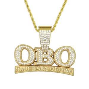Iced out gold plated OBO letter pendant hip hop necklace with sparkling crystal rhinestones