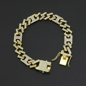 Bracelet Gourmette Cubaine Hip Hop pour Homme en Alliage avec Strass Blancs Chaîne Géométrique Bijoux Streetwear