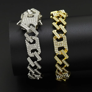 Bracelet gourmette cubaine 11mm glacé pour homme en or et argent avec strass