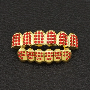 Hiphop Copper Gold Silver Plated Red Rhinestone Teeth Grillz Top And Bottom Combination Punk Jewelry For Men Women Party