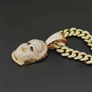Hip-hop gold plated mask pendant necklace with Cuban chain and cubic zirconia crystals