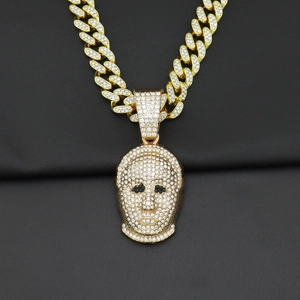 Hip Hop Gold Plated Alloy Mask Face Pendant Necklace For Men Pave White Black Rhinestones Iced Out Cuban Link Rope Chain Jewelry
