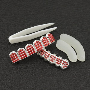 Iced out red rhinestone teeth grillz set with silver base and molding bars for hip hop style