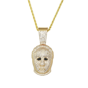 Hiphop gold plated mask pendant necklace with micro paved rhinestones and rope chain